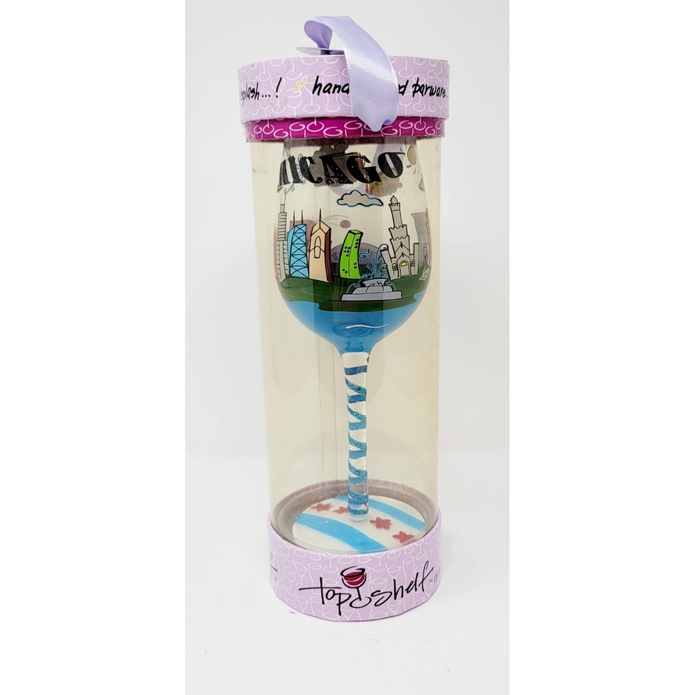 New in Box Top Shelf Decorative Chicago Wine Glass Unique Gift Packaging M5